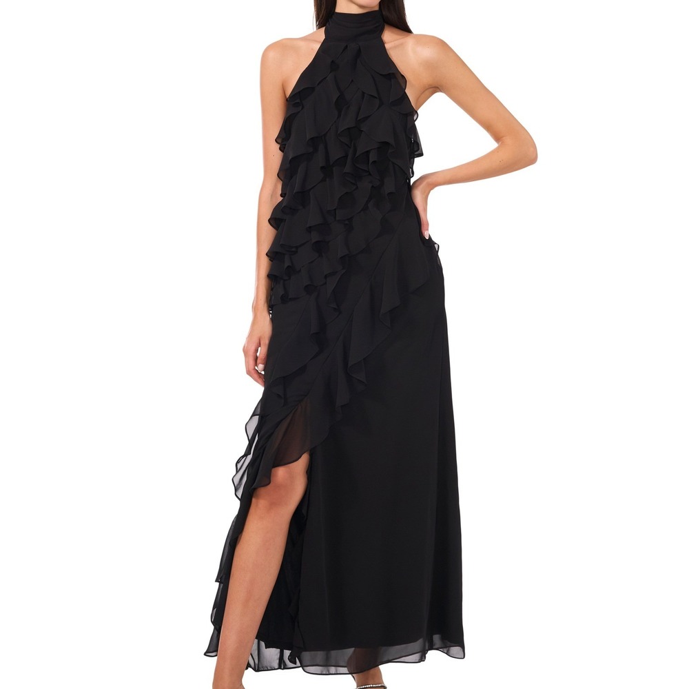 CeCe Ruffle Halter Black Sleeveless Leg Split Maxi Dress Womens Size 2 NWT